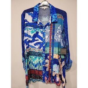 John Mark NWT Blouse Womens 2X Long Sleeve Button-up Blue Abstract Collar